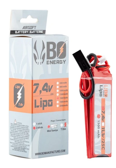 Airsoftowa bateria B.O. Lipo 7.4V 1500 mAh 25C 2 Sticks 2S